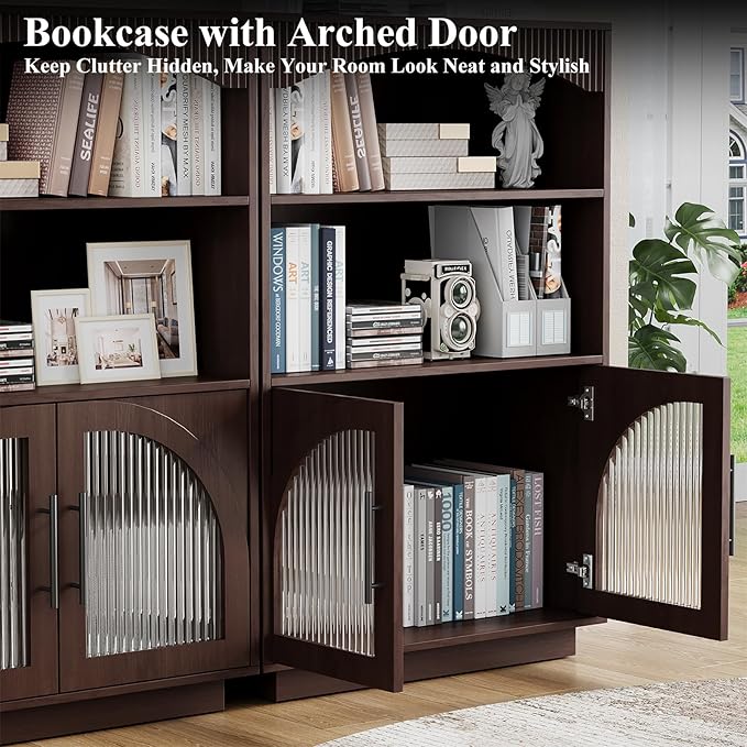 46" Bookshelf with Doors, Brown Bookcase with Glass Door, 3 Tier Small Bookshelf w/Deep Storage Cabinet and Adjustable Shelves, Wood Standing Mid Century Book Shelf for Home Office Kitchen