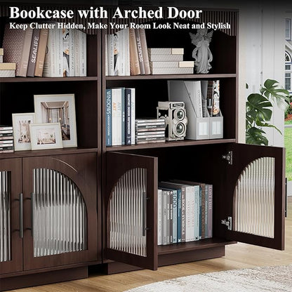 46" Bookshelf with Doors, Brown Bookcase with Glass Door, 3 Tier Small Bookshelf w/Deep Storage Cabinet and Adjustable Shelves, Wood Standing Mid Century Book Shelf for Home Office Kitchen