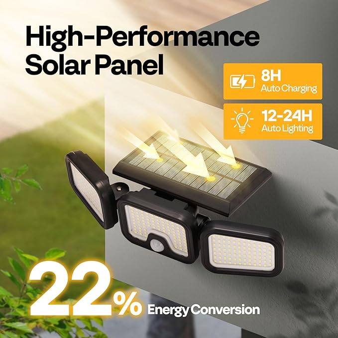 VIVOHOME Solar Flood Lights Outdoor, 256 LED 2500LM Motion Sensor Lights, 3 Adjustable Heads Security Lights, IP65 Waterproof, 270° Wide Lighting Angle Solar Powered Lights for Porch, Yard, 3 Pack