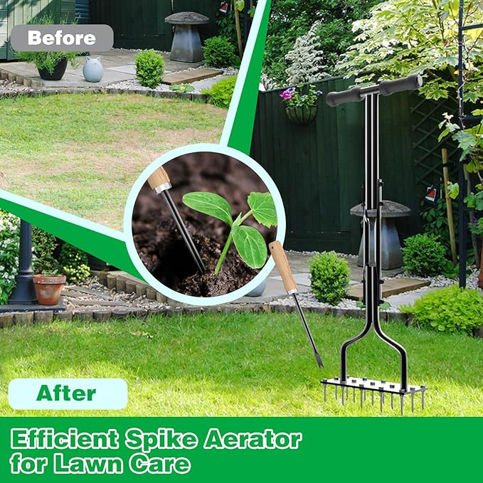Lawn Aerator Spike Manual Tool with 15 Iron Spikes, Garden Grass Aeration Tools Hand Air Aerator & Clean Tool for Aerating Lawns & Yard Care, Loosening Soil, 36”