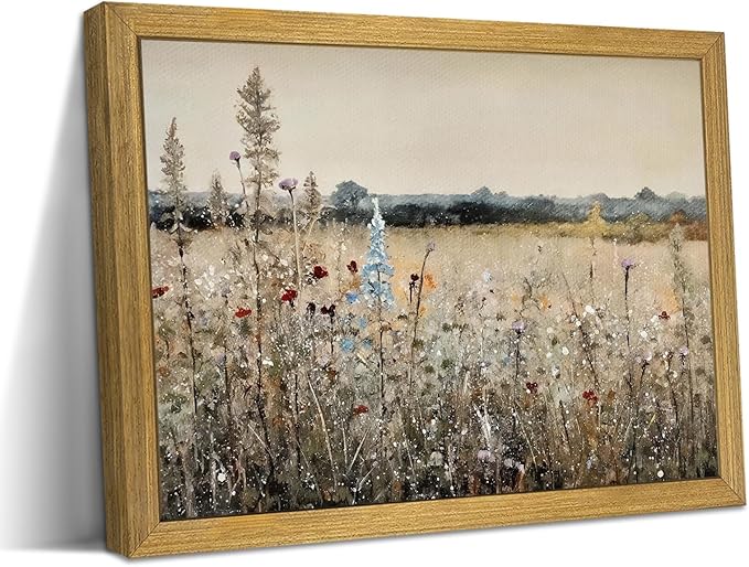 Framed Canvas Wall Art Vintage Wall Decor Landscape Nature Country Wildflower Paintings Bathroom Decor Oil Pictures Modern Farmhouse Cottagecore Print Poster French Country Vintage Painting 12x16 Inch