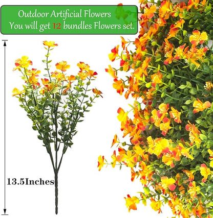 12 Bundles Artificial Fall Flowers for Outdoors, Artificial Plants UV Resistant Fall Fake Mums Plants for Outside Halloween Christmas Porch Decoration ecorations (Orange)
