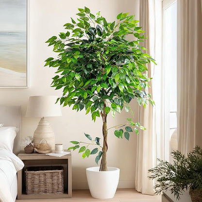 Artificial Ficus Tree 6FT Artificial Plants Indoor Fake Ficus for Indoor Home Decor, 150% Foliage Density Realistic Faux Tree Fake Floor Plant with Leaves for Living Room, Office, House Plant
