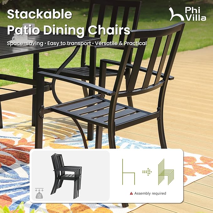 PHI VILLA 9 Pieces Outdoor Dining Set for 8, 84" Long Expandable Metal Table & Stackable Wrought Iron Chairs, Large Furniture Set for Patio, Deck, Yard, Porch - Black