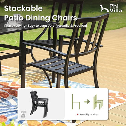 PHI VILLA 7 Pieces Outdoor Dining Set for 6, Expandable Rectangular Metal Dining Table & Stackable Wrought Iron Chairs, Large Furniture Set for Patio, Deck, Yard, Porch