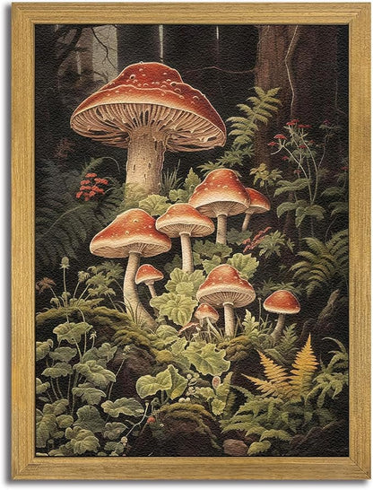 SAMHOU Framed Vintage Kitchen Wall Art, Rustic Woodland Mushroom Wall Decor, 3D Textured Hand Drawn Sandstone Print Painting, for Living Room Bedroom Kitchen 12x16 Inch