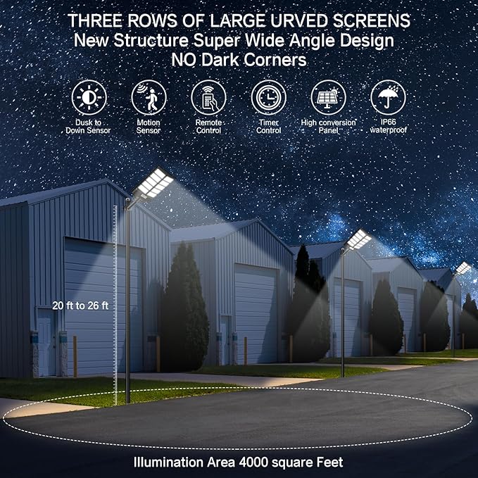 Solar Street Light 8000W, Solar Street Light Outdoor High Lumens, Solar Parking Lot Lights 6500K, Solar Lights Outdoor Motion Sensor Dusk to Dawn for Parking Lot, 2 Pack