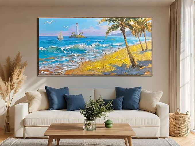 Brushart Beach Nautical Wall Art for Living Room Large Coastal Bedroom Pictures Paintings Wall Decor Ocean Textured Artwork for Dining Room Walls Home Office, Framed 48"x24"
