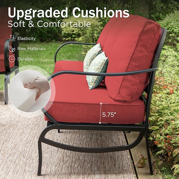 PHI VILLA 6 Piece Patio Furniture Sets with 1 x 3-Seat Deep Seating Bench, 2 x Cushioned Swivel Sofa Chairs, 1 x Coffee Table & 2 Ottoman, Outdoor Metal Conversation Set for Lawn Garden Yard, Red
