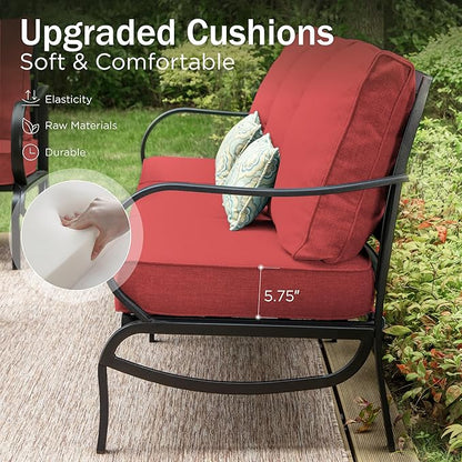 PHI VILLA 4 Piece Patio Furniture Sets for 5 Person with 1 x 3-Seat Deep Seating Bench, 2 x Cushioned Swivel Sofa Chairs & 1 x Coffee Table, Outdoor Metal Conversation Set for Lawn Garden, Red