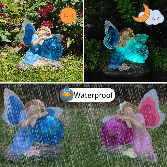 Solar Fairy Garden Statue with Cracked Glass Ball & Glowing Wings, Waterproof Outdoor Fairy Decor for Yard, Patio, Lawn – Ideal for Garden Lovers & Holiday Giving (7.67x6.69 Inches Blue)