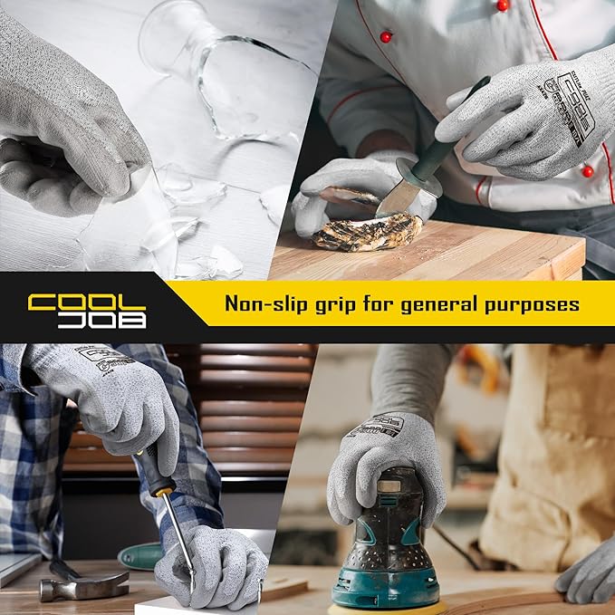 COOLJOB 12/120 Pairs Cut Resistant Safety Work Gloves with Grip, 13 Gauge Seamless Shell with PU Coating, ANSI A2 A4 A6, Gray