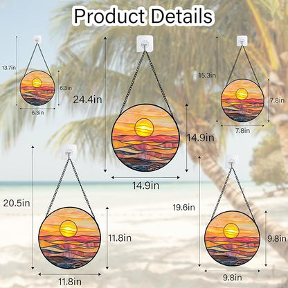 Stained Glass Window Hanging, Orange Sunrise Suncatcher Diamond Glass Panel Hangings Scenery Sun Catchers Decor for Birthday for Women, Men, Wife, Aunt, and Mom 9.8 in