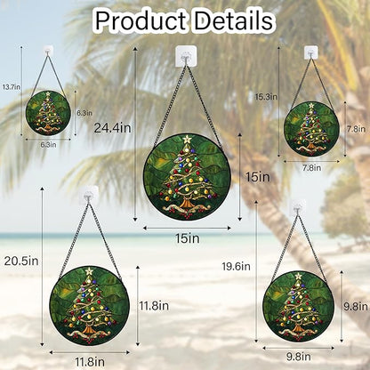 Stained Glass Window Hanging - Green Christmas Tree with Colorful Lights Suncatcher for Doors Home Christmas Decoration Sun Catcher Thanksgiving New Year Birthday Gifts for Women Men Mom Nana 9.8 in