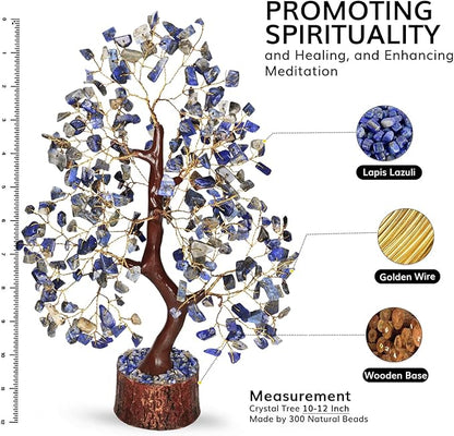 NARIBABU Lapis Lazuli Crystal Tree – 10-12 Inch Gemstone Tree with Golden Wire & Wooden Base – Healing Crystals Decor, Gifts for Her, Birthday Gift for Women, Spiritual Energy