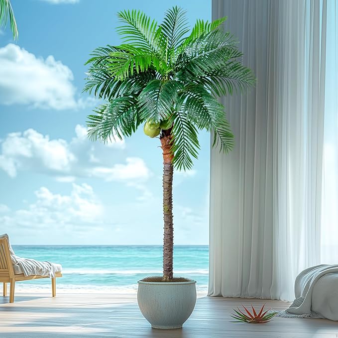 9.1FT Artificial Phoenix Palm Tree with Coconut Fruit Artificial Plants Indoor Outdoor Large Faux Coconut Palm Tree Tropical Fake Palm Plant for Modern Farmhouse Yard Outside Patio Poolside
