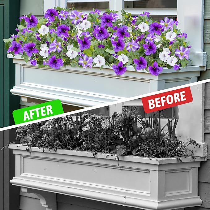 Artificial Fake Flowers for Outdoor Plants Decoration,4 Pcs Faux Petunias Flowers Plants UV Resistant Silk for Porch Yard Garden Home Indoor Decor(Purple White)