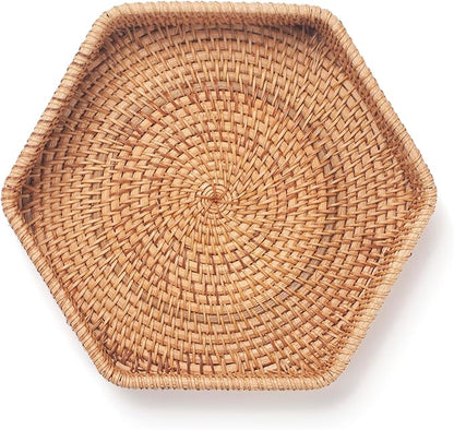 Hexagon Rattan Serving Tray for Coffee Table Woven Decorative Basket Trays for Ottoman Natural (8.7Inch x 1.8Inch)