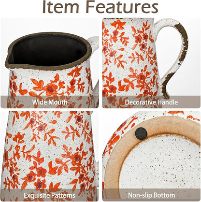 Ceramic Rustic Farmhouse Vase, 7.9" Orange Red and White Vase for Centerpieces Chinoiserie Vases Pottery Jug with Handle Chinoiserie French Country Decor Vintage Vases for Kitchen Dinner Table