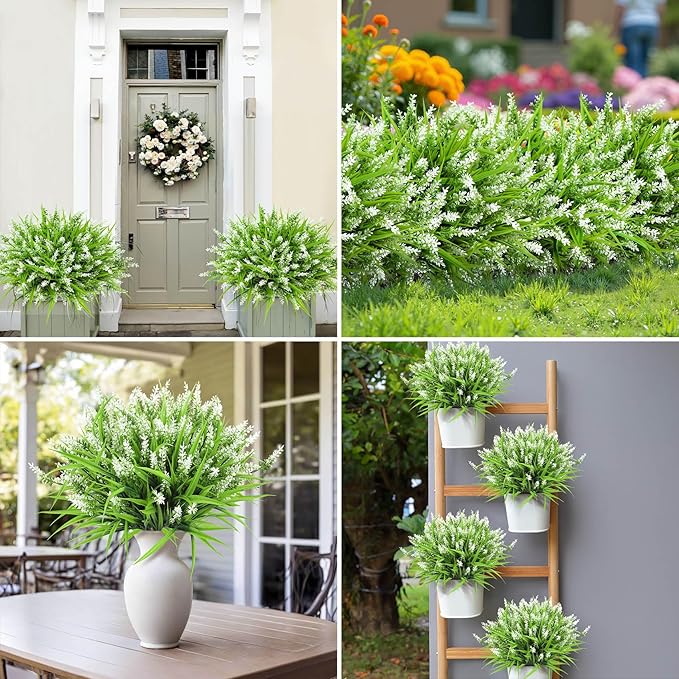 Ouddy Decor 24 Bundles Artificial Flowers for Outdoors, Fake Lavender Flowers Monkey Grass Faux Plastic Plants Shrubs UV Resistant for Porch Garden Window Box Office Home Decorations, White