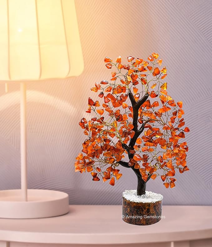 Amazing Gemstone Carnelian Natural Healing Crystal Bonsai Feng Shui Fortune Money Tree of Life for Home Office Decor, 10-12 Inch
