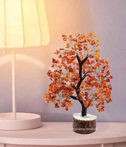 Amazing Gemstone Carnelian Natural Healing Crystal Bonsai Feng Shui Fortune Money Tree of Life for Home Office Decor, 10-12 Inch