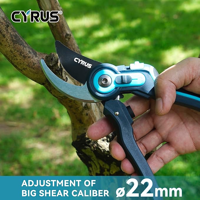 CYRUS Adjustable labor-saving Pruning Shears, Garden Shears with Non-Stick Carbon Steel Blade, 0.866 Inch Cutting Diameter, Safety Lock & Anti-Slip TPR Handle for Gardening, Flower Trimming