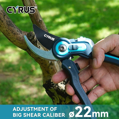 CYRUS Adjustable labor-saving Pruning Shears, Garden Shears with Non-Stick Carbon Steel Blade, 0.866 Inch Cutting Diameter, Safety Lock & Anti-Slip TPR Handle for Gardening, Flower Trimming