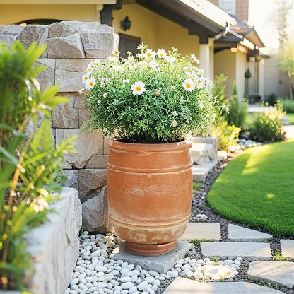 11" Tall x 9.5" Wide Aged Terracotta Clay Planter Pot - Heavy-Duty Concrete-Like Durability, Clay Soil-Friendly Drainage Hole, Rustic Garden Flower Pot for Indoor/Outdoor Use, Succulents, Herbs, Trees