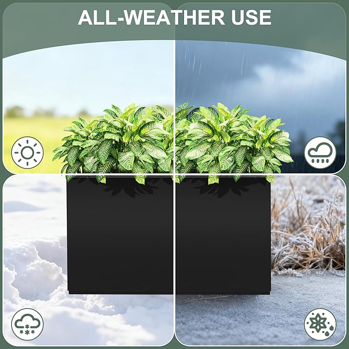 Metal Tall Planter Box for Outdoor Plants, Flowers, Rectangular Black Planters for Front Porch, Garden, with Drainage Holes, All Weather Use, 32" L x 10" W x 16" H