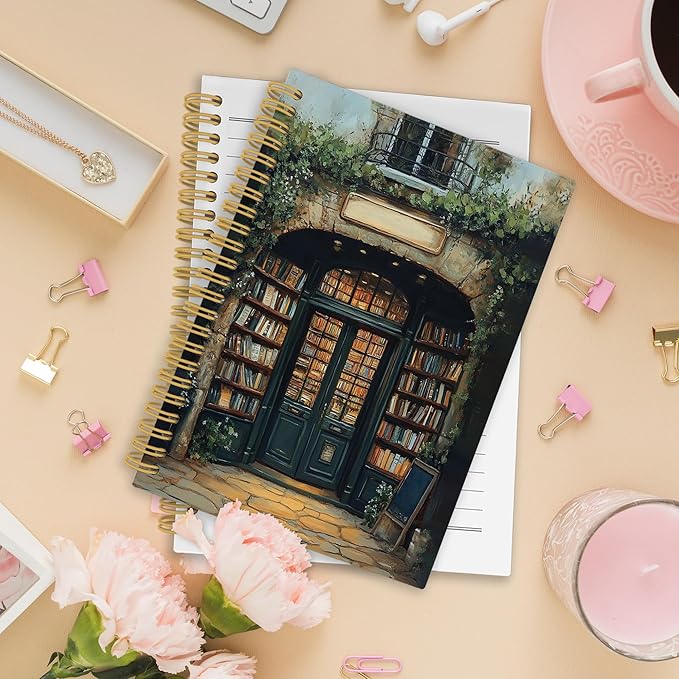 XPH Vintage Bookshop Reading Spiral Notebook, Book Lovers Gifts Journaling Notebooks for Women, Bookish Gift Hardcover Journals for Writing 160 Pages 5.5 x 8.3 Inch, Book Reader Gifts