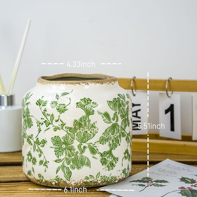 Ceramic Pot for Plant,Crackle Glaze Vintage Plant Pots with Drainage Hole,5.51inch Corrugated Surface Planter for Indoor (Green