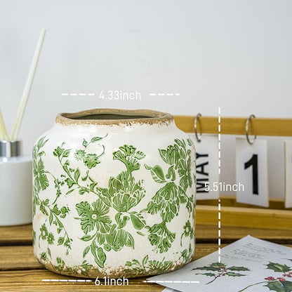 Ceramic Pot for Plant,Crackle Glaze Vintage Plant Pots with Drainage Hole,5.51inch Corrugated Surface Planter for Indoor (Green