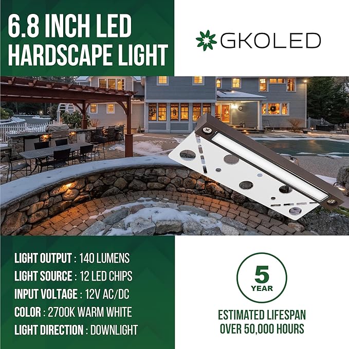 GKOLED 20Pack 6.8 Inches Hardscape Lights, Low Voltage Retaining Wall Lighting with Frosted Lens, 12V AC/DC Paver Light with 1.5W 2700K LED Chips, Outdoor Landscape Step Lights, Die-cast Aluminum