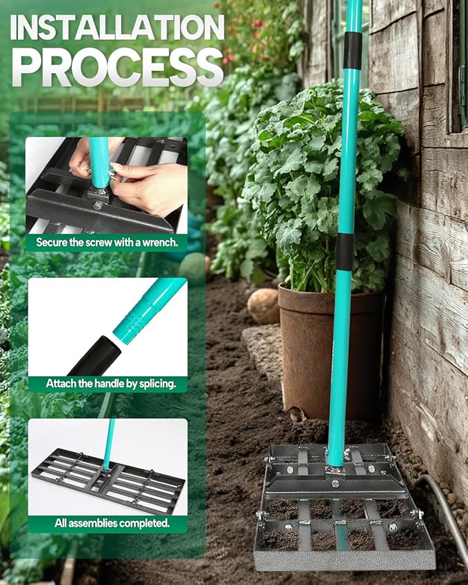 Breeze Touch Lawn Leveling Rake 48x10 Weighted & Collapsible Plate, Heavy Duty Yard Leveler Rake with 77" Adjustable Stainless Steel Handle, Lawn Tools for Gardening, Golf Course, Farm, Pasture
