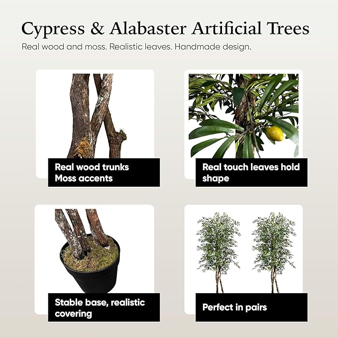 Cypress & Alabaster Handmade 6.5ft Mediterranean Olive Artificial Tree with Ethically Sourced Real Wood Trunks, Hypoallergenic, 6.5-Foot, Green