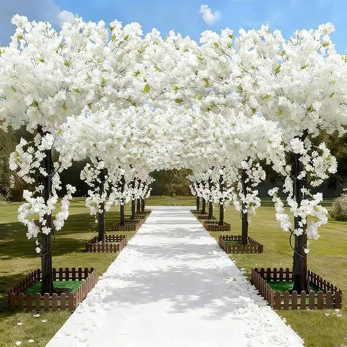 Artificial Cherry Blossom Tree 8.2Ft, White Silk Flowers with Solid Wood Trunk for Home & Garden Decor