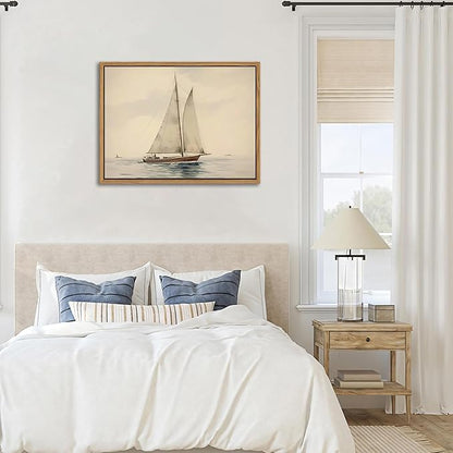 Floating Framed Canvas Wall Art, Vintage Sailboat Ocean Picture Wall Decor, White Sailboat Seascape Poster Print Painting for Living Room Bedroom Bathroom Office Home Decor 16x24 inch