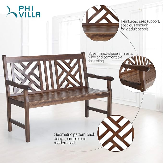 PHI VILLA Outdoor Garden Wooden Bench, 4 Ft Acacia Wood Bench with Curved Backrest and Armrest, 2 Seat All Weather Bench for Patio, Lawn, Balcony, Yard, Porch - Brown