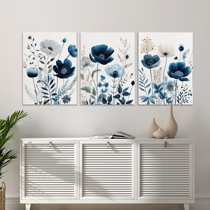 DUWQU 3 Pcs Blue Floral Canvas Wall Art, Elegant Navy Blue Wildflower Lily Daisy Wall Decor, Watercolor Botanical Flower Home Poster Art Prints for Living Room Bedroom Bathroom 12×16 Inches