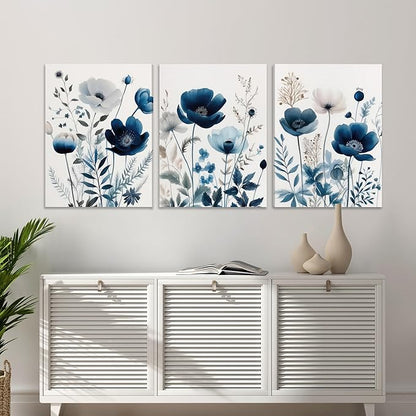 DUWQU 3 Pcs Blue Floral Canvas Wall Art, Elegant Navy Blue Wildflower Lily Daisy Wall Decor, Watercolor Botanical Flower Home Poster Art Prints for Living Room Bedroom Bathroom 16×24 Inches