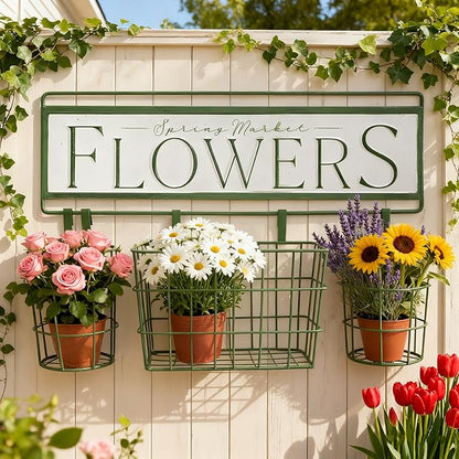 Rustic Spring Market Flowers Wall Planter Set, Farmhouse Metal Hanging Planter with 3 Baskets, Decorative Indoor Outdoor Plant Holder for Succulents, Herbs (Flowers)