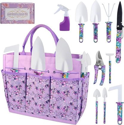 Gardening Tools Set for Women, 10-Piece Purple Floral Heavy Duty Garden Tool Set with Storage Tote Bag, Gardening Tools Kit with Ergonomic Non-Slip Handle, Ideal Women's Gift for Gardening