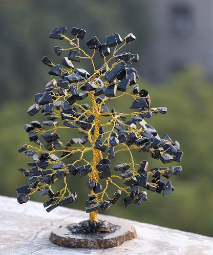 Black Tourmaline Gemstone Tree of Life With Geode Agate Slice Base - Crystal for Positive Energy, Feng Shui Decor, Chakra, Good Luck, Money Bonsai, Healing Stone, Spiritual Gem