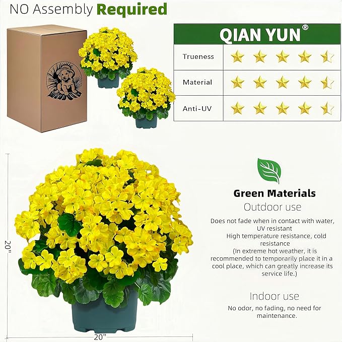 QIANYUN Artificial Topiary for Outdoors- 20” Potted Plant Fake Geraniums Bush-UV Resistant Artificial Outdoor Plant for Front Porch, Garden, Yard, Patio Decor (Yellow)