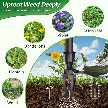 Weed Puller Tool, 2-in-1 Stand Up Heavy Duty Root Removal Tool with 4 Claw Head & Rake, Effortless Root Puller for Dandelion & Weeds, No Bending or Kneeling, Garden Tool for Lawn & Yard Care