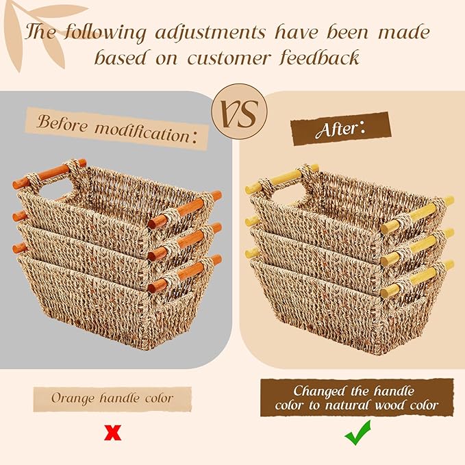Marsui 6 Pcs Small Hand Woven Wicker Baskets with Wooden Handles, Seagrass Rattan Storage Baskets Bin Organizer Shelf Pantry for Bathroom Storage Towel Kitchen Washroom Gifts Decor, 9" x 6" x 4"