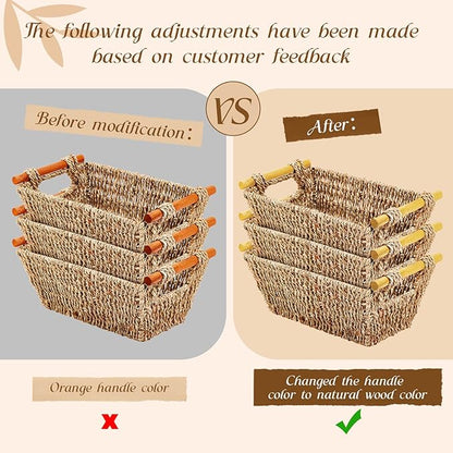 Marsui 6 Pcs Small Hand Woven Wicker Baskets with Wooden Handles, Seagrass Rattan Storage Baskets Bin Organizer Shelf Pantry for Bathroom Storage Towel Kitchen Washroom Gifts Decor, 9" x 6" x 4"