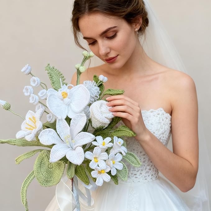 White Crochet Flowers Bridal Wedding Bride Bouquet Handmade Knitted Artificial Flowers Home Decor