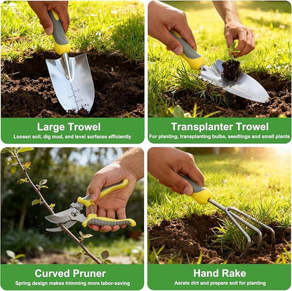 Yesker Gardening Tools 10-Piece Heavy Duty Garden Tool Set Gardening Supplies Gifts for Women Men Gardening Hand Tool Kit w Non-Slip Ergonomic Handle, Garden Bag, Durable Gloves, Pruning Shears, Gray